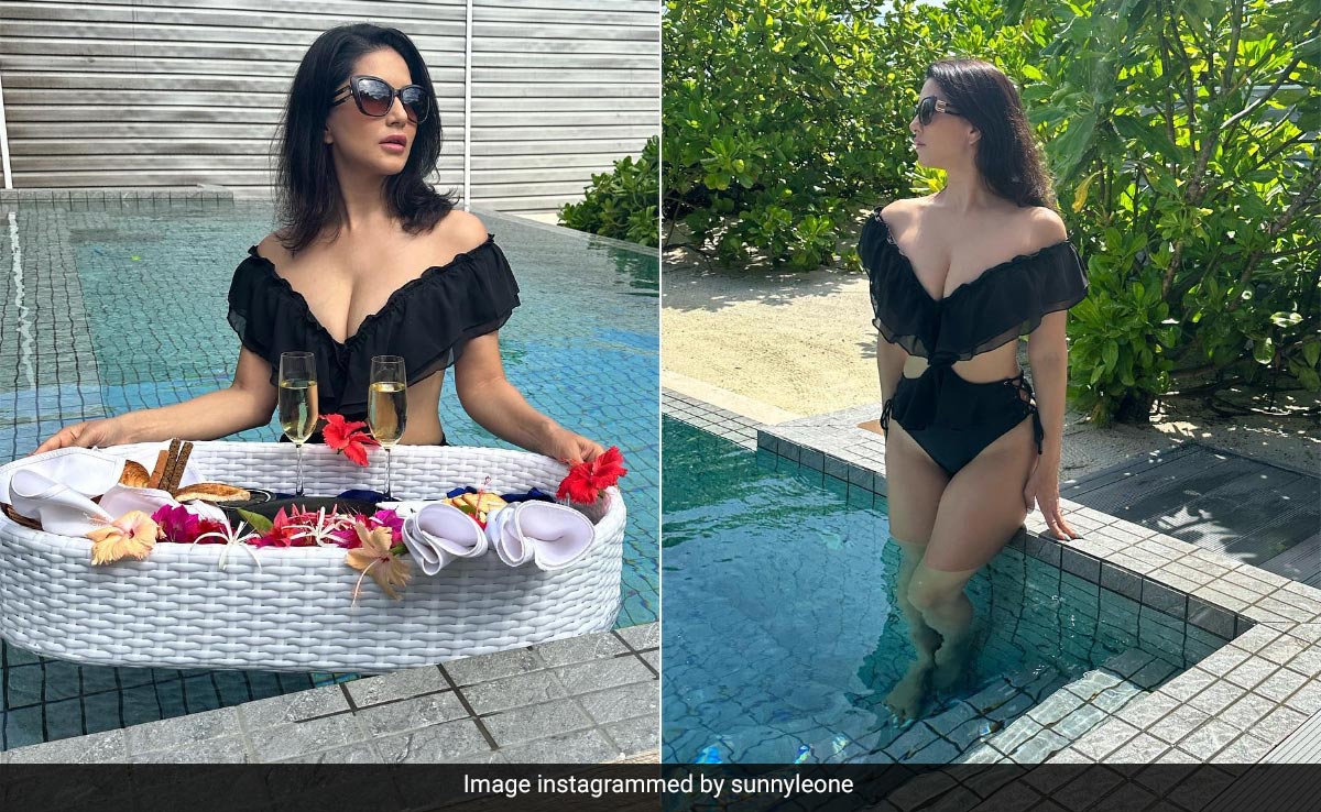 There Was "No Filter Needed" For Sunny Leone's Breakfast In The Pool Wearing A Black Ruffled Swimsuit