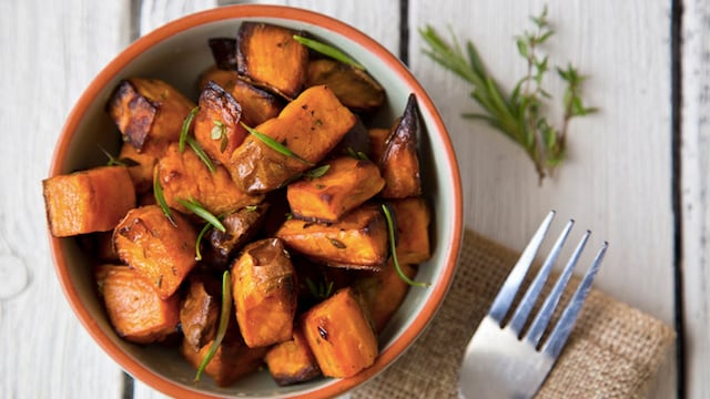 "To reduce the blood sugar spike, store the cooked sweet potatoes in the fridge overnight."