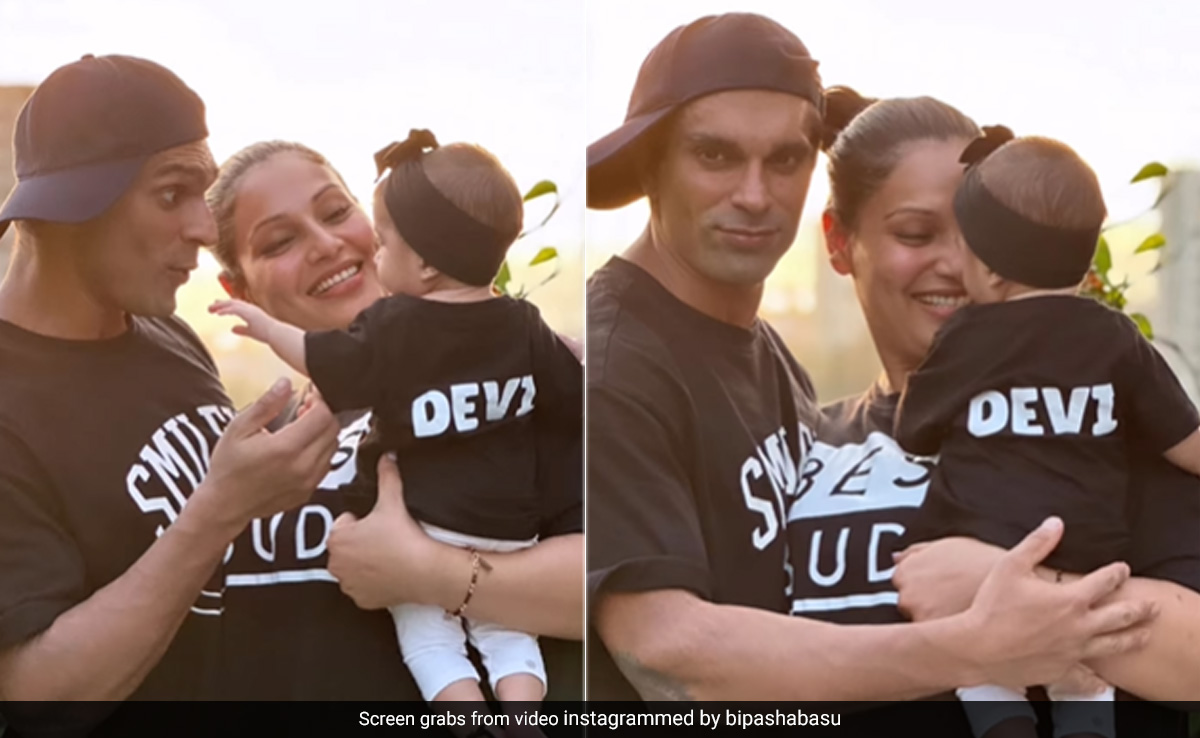 Bipasha Basu, Karan Singh Grover And Devi Basu Singh Grover Cutely Twin In Their Black Tees