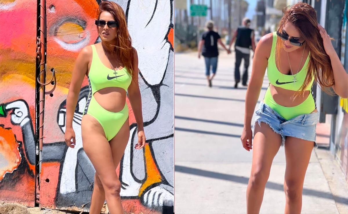 Nia Sharma's Neon Green Cutout Nike Swimsuit With Denim Shorts Screams Summer Beach Style
