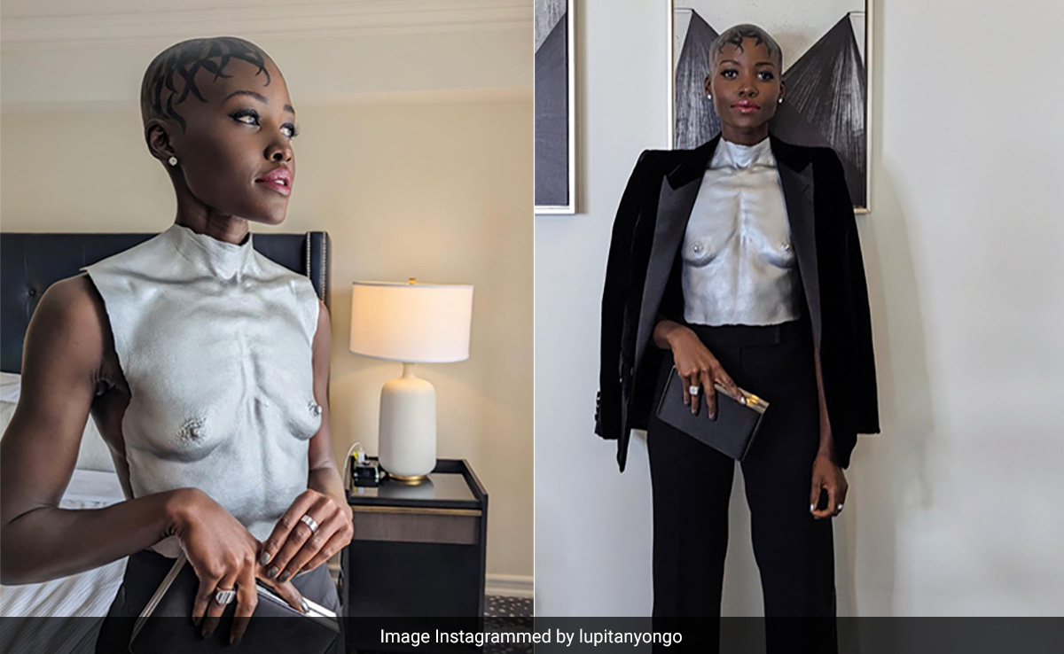 Lupita Nyong'o Wearing A Striking Silver Misha Japanwala Breastplate Molded From Her Body Is "An Act Of Resistance And Celebration"