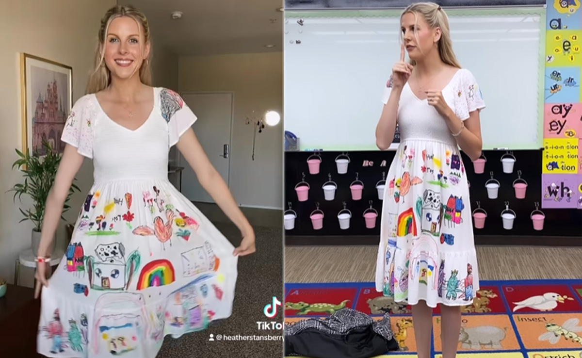 Video: Teacher Wears Dress Coloured By Students On Her Last Day