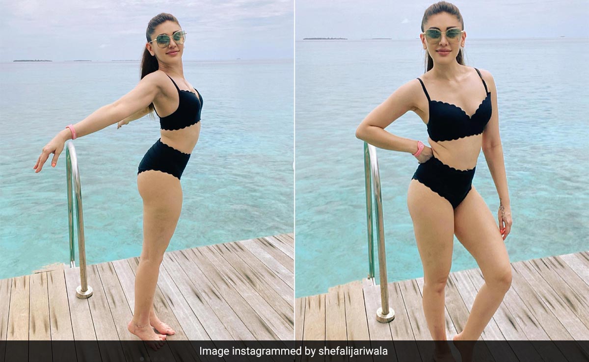 When Shefali Jariwala "Chases Sunshine," She Does It In A Black Scalloped Swim Set
