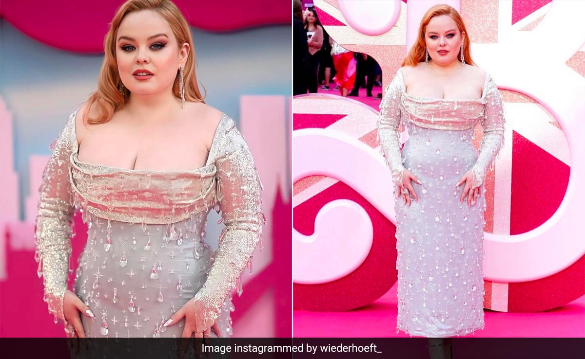 <i>Diplomat Barbie</i> Nicola Coughlan's Glimmering Wiederhoeft Dress Featured Sustainable Satin And Hand-Embroidered Swarovski Crystals