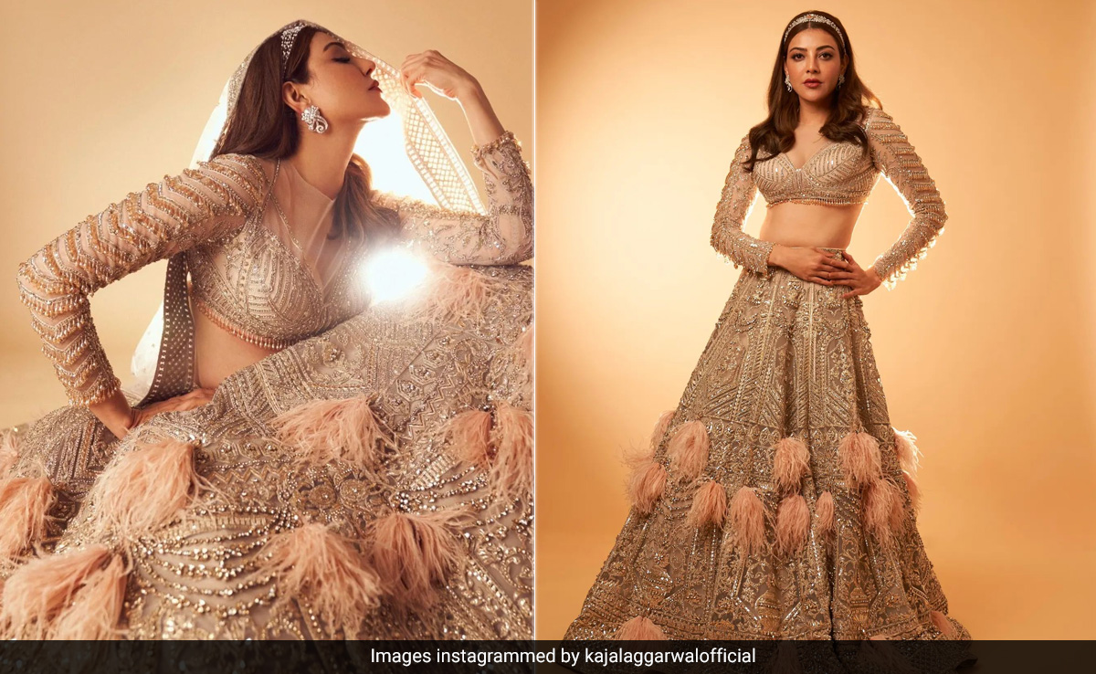 Kajal Aggarwal In A Feathered Gold Embellished <i>Lehenga</i> Is A Far Throw From Basic