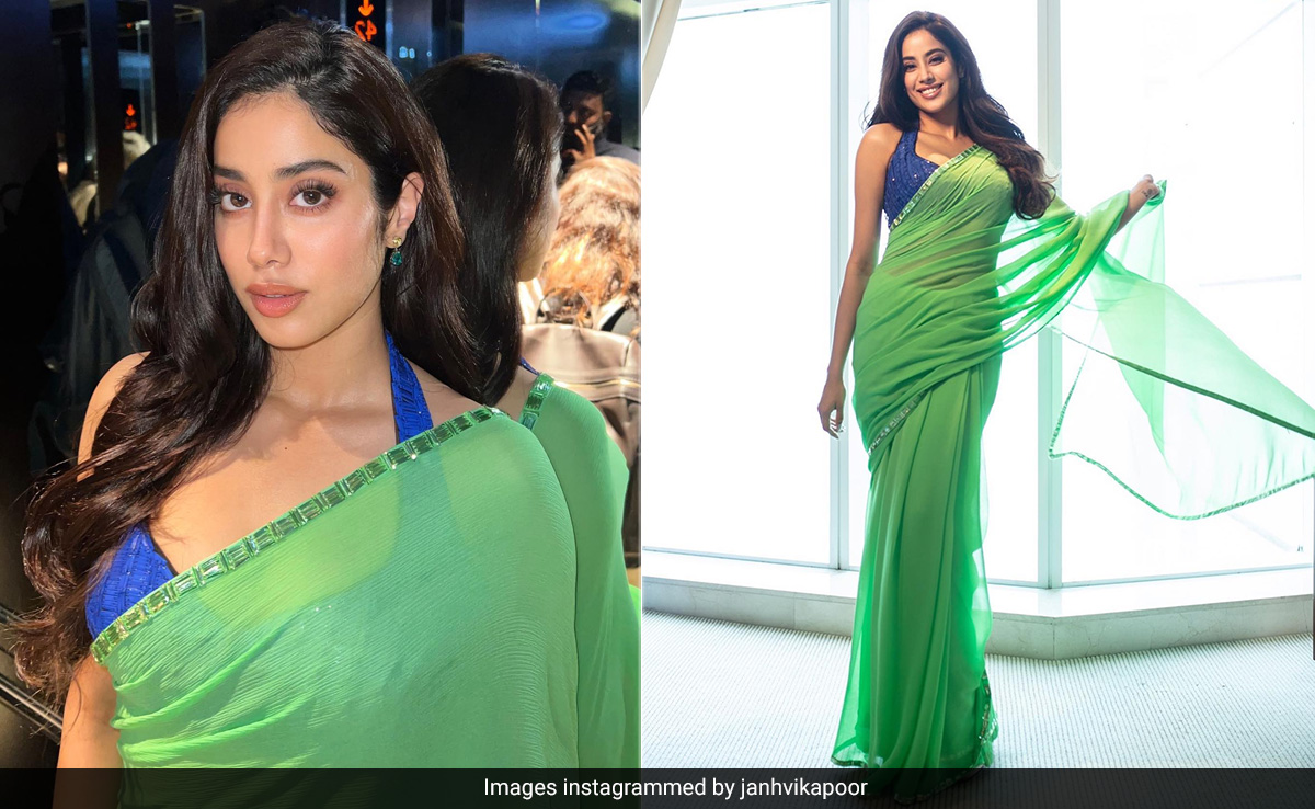 Janhvi Kapoor Makes A Stylish <i>Bawaal</i> In A Green Chiffon <i>Saree</i>