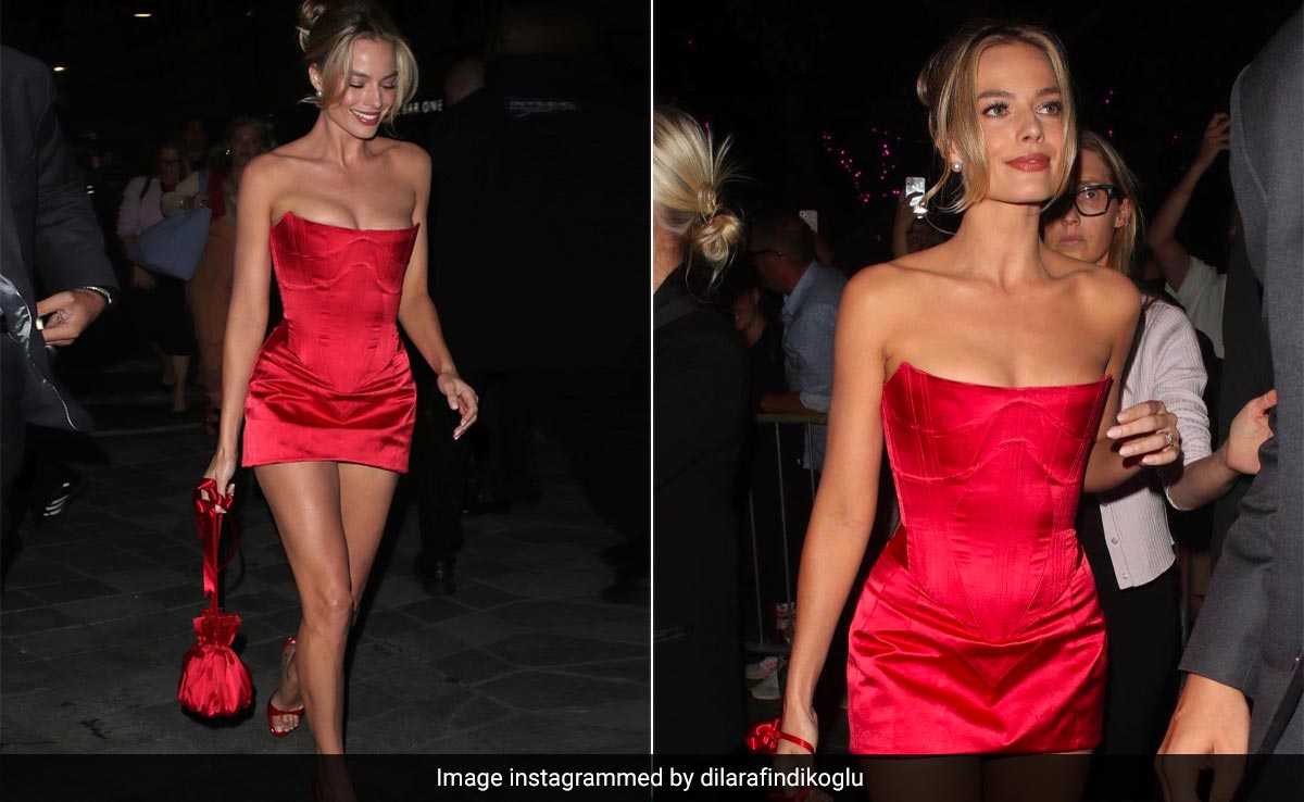 Margot Robbie Ditched Bubblegum Pink For A Red Satin Corset Dress Costing Almost ₹2 Lakh
