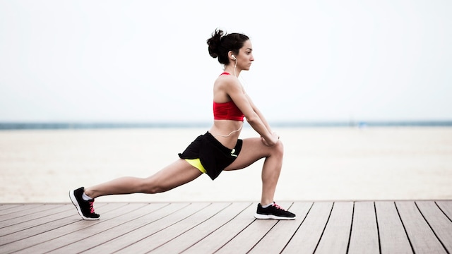 Lunges target the glutes, quads, and calves while also requiring core stability