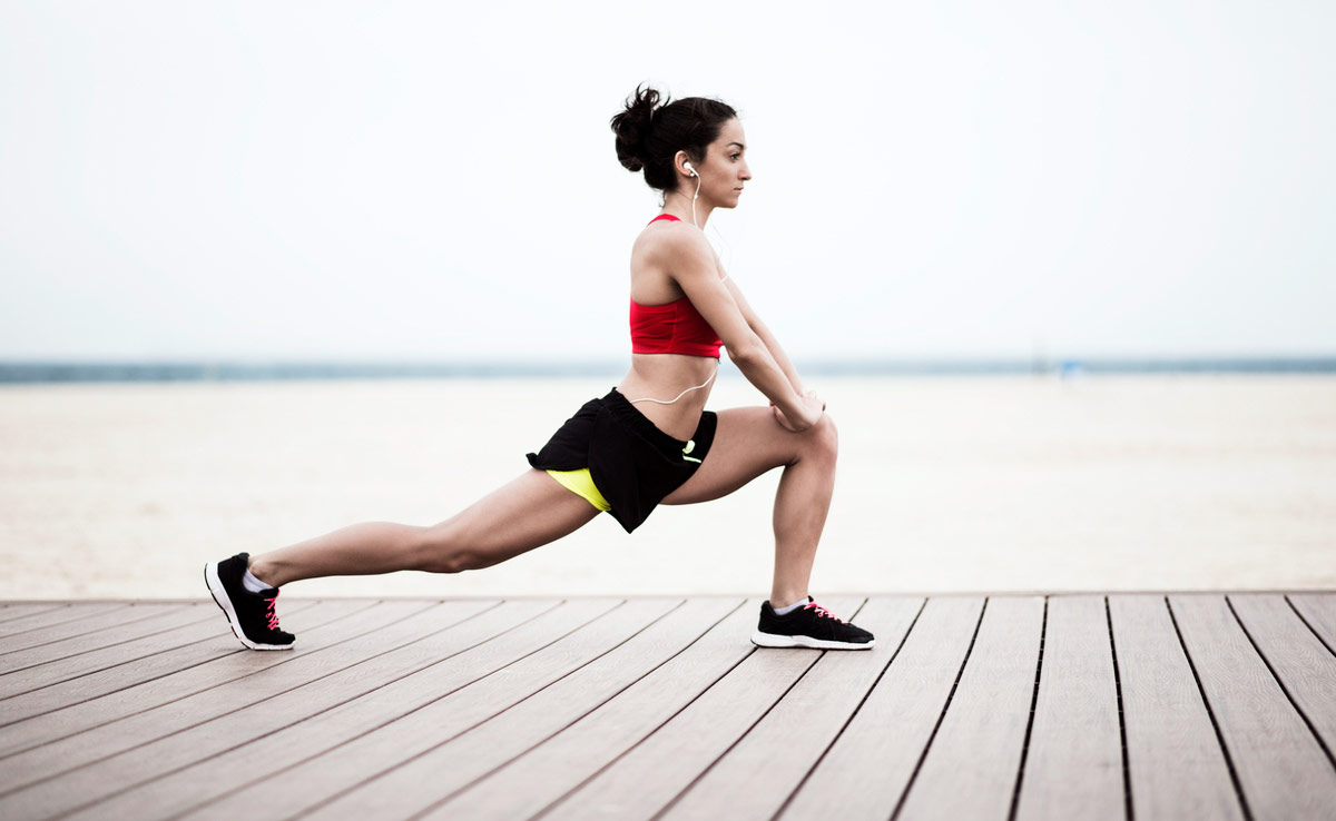 Lunges target the glutes, quads, and calves while also requiring core stability
