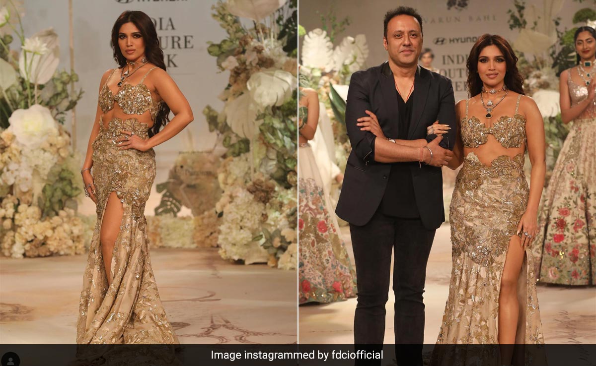 India Couture Week 2023: Bhumi Pednekar Is A Golden Goddess In A Thigh-High Slit Floral Varun Bahl <i>Lehenga</i>