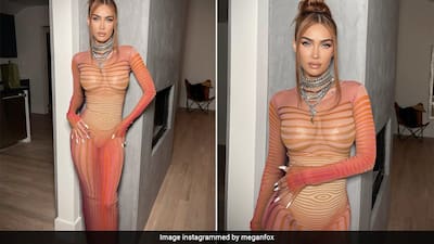 megan fox sheer orange dress Megan Fox Rocked a Sheer, Wet-Look Dress at the MTV VMAs: Get the Look