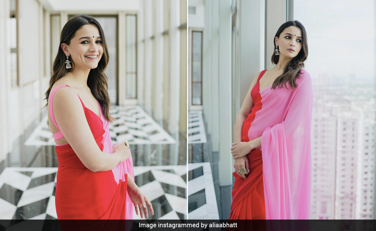 Alia Bhatt Channels Her Inner <i>Rani</i> In A Red And Pink Colour Block Chiffon <i>Saree</i>