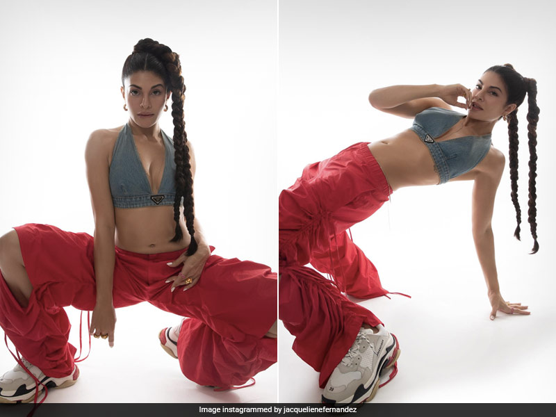 Jacqueline Fernandez's Snazzy Street Style Came With Red Pants And A ₹65K Prada Denim Bralette