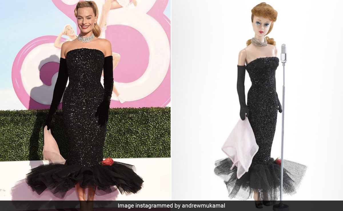 Margot Robbie Is A Real Life 60s Glam Doll In A Sparkling Black Schiaparelli Dress. More Of Her <i>Barbie</i>-Inspired Looks Inside