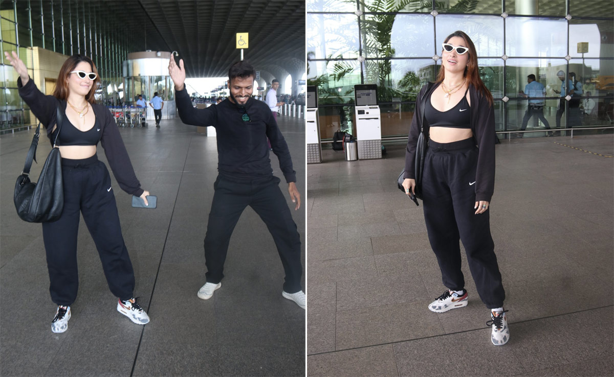 Tamannaah Bhatia Rocks A Black Nike Sports Bra With Trackpants And Sneakers To Travel In Style