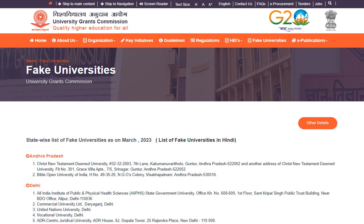 Check The List Of Fake Universities Issued By The University Grants Commission
