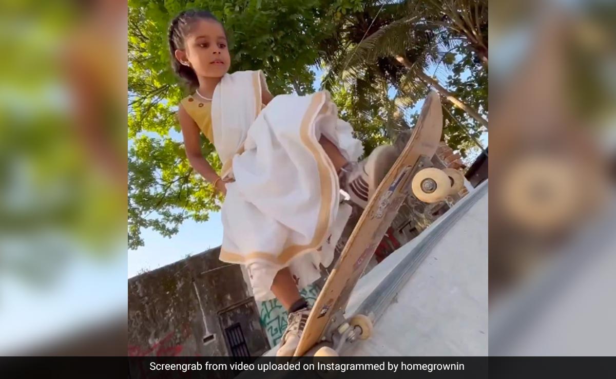 "Onam Swag": Girl's Flawless Skating Wearing Kerala's Kasavu Saree Stuns Internet