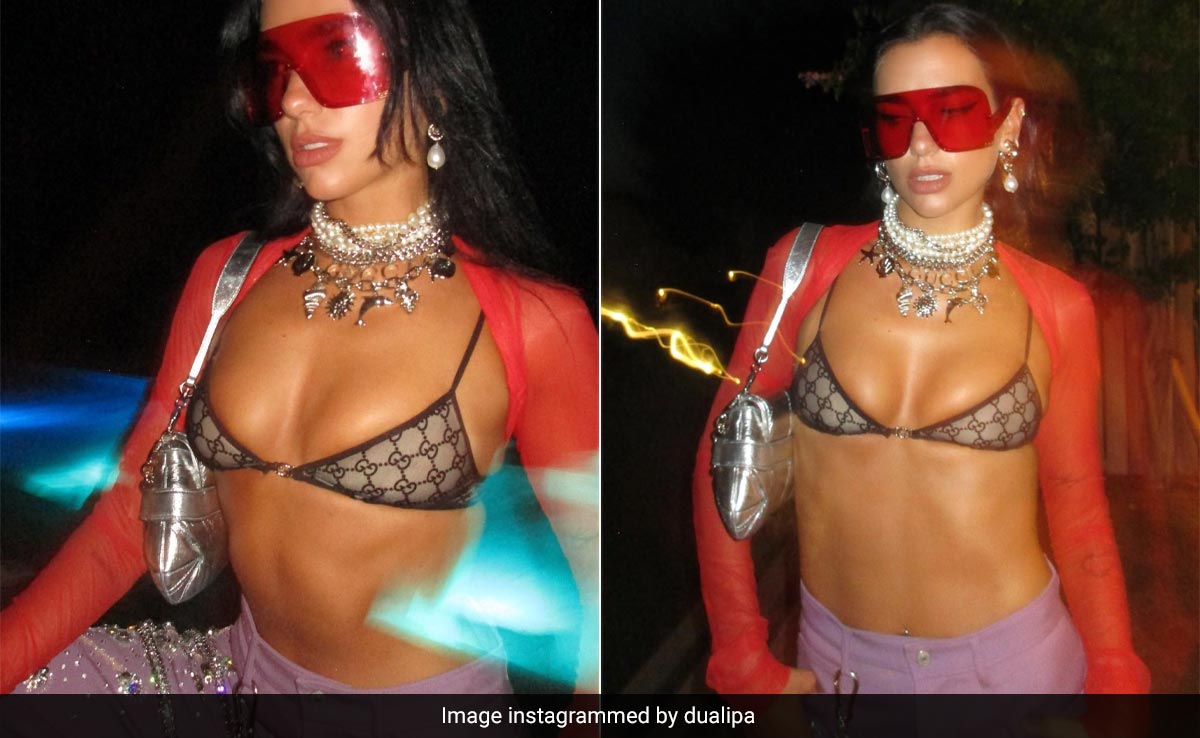 Dua Lipa's 28th Birthday Suit Included A Mesh Gucci Bralette And Bedazzled Lavender Pants