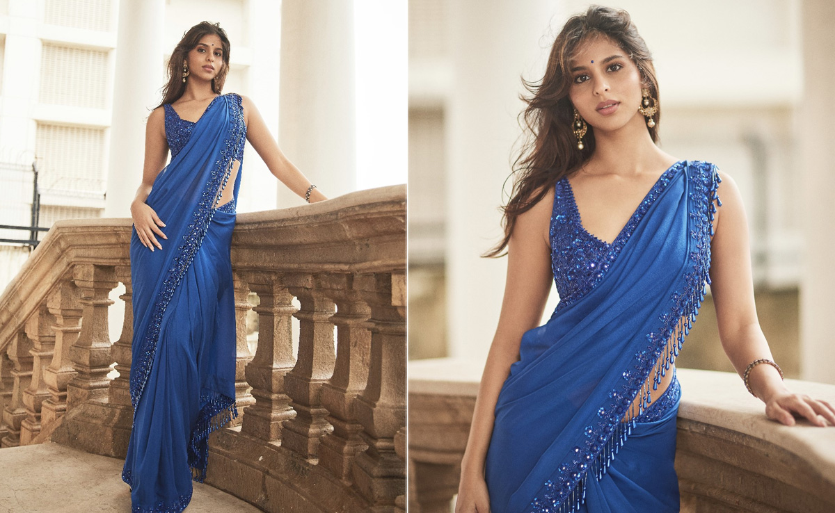 Suhana Khan Embraces The Monsoon Magic In A Bright Blue Arpita Mehta Sequin <i>Saree</i>
