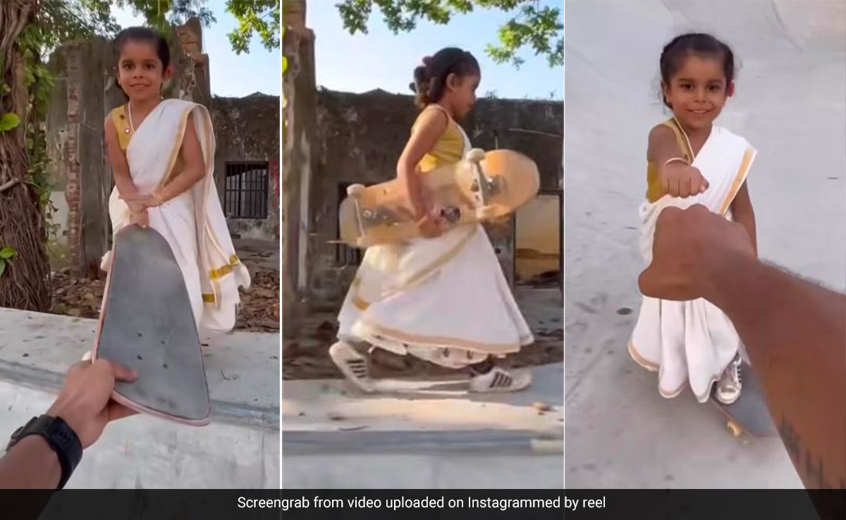 5-Year-Old, Airah Aymen Khan's Onam Swag Comes With A Stylish <i>Kasavu Saree</i> And Skate Board