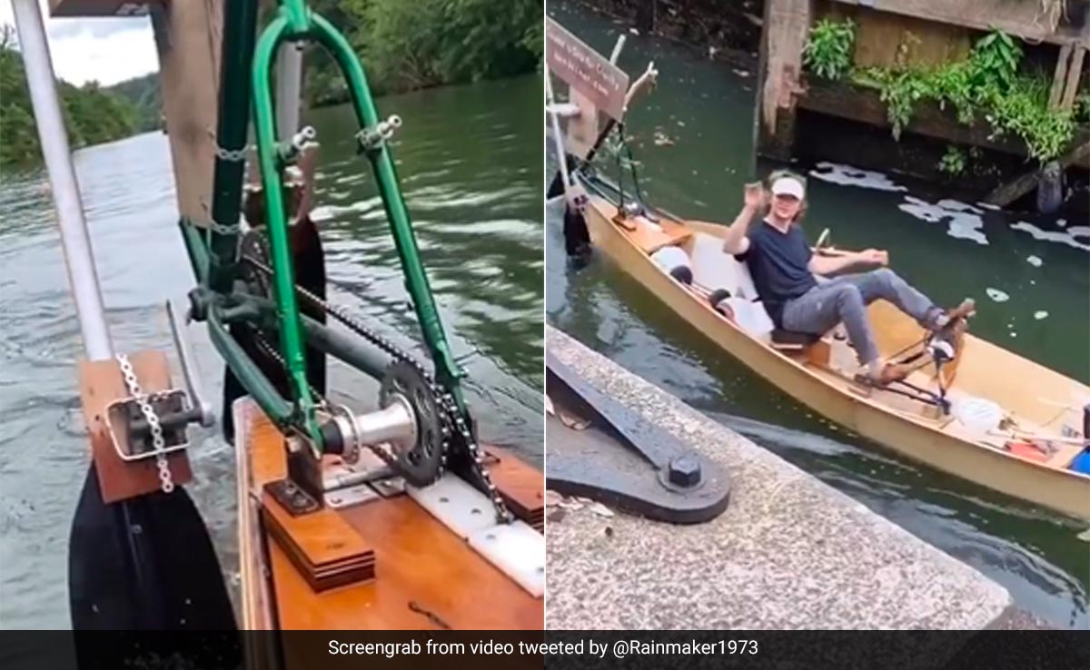 जुगाड़ से बोट में फिट कर दिया पैडल से चलने वाला चप्पू, अपने पैरों से चलती नाव देख हैरान रह जाएंगे आप