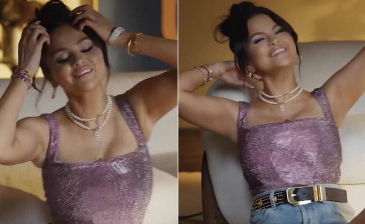 Selena Gomez's Purple Glitter Cowl Neck Top And Denim Shorts Are Set To Be The Next Going-Out Look