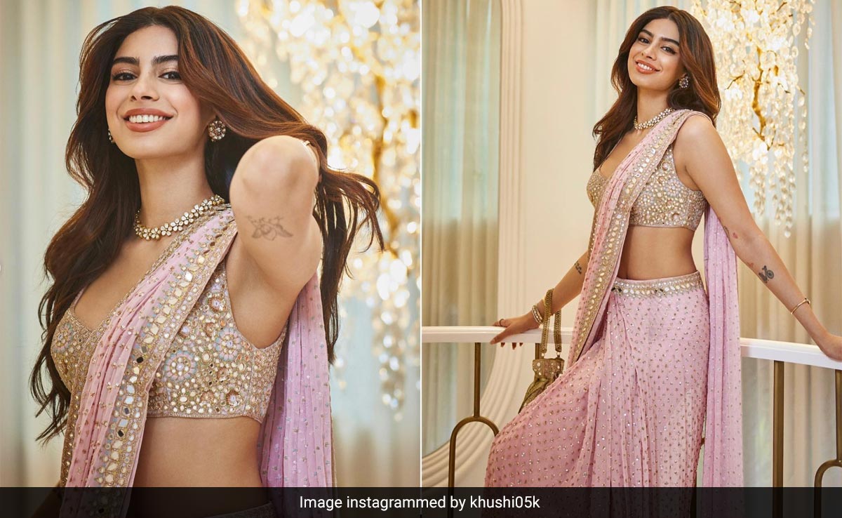 Khushi Kapoor's Dreamy Pink And Gold Arpita Mehta <i>Saree</i> Sets Wedding Guest Style Very High