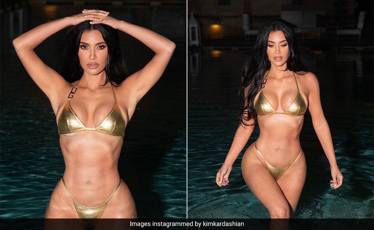 Kim Kardashian's Gold Swim Set Makes A "Nite Swim In Puglia" Her Personal Golden Hour Moment