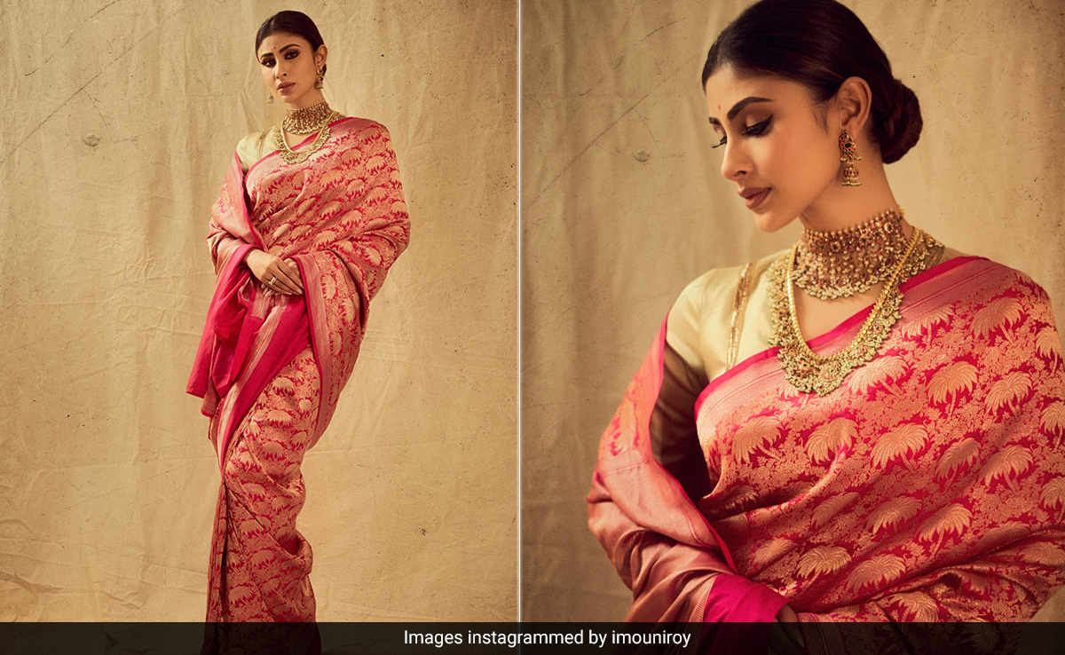 Mouni Roy's Pink Brocade <i>Saree</i> With A Golden Blouse Is Colourblocked To Ethereal Heights