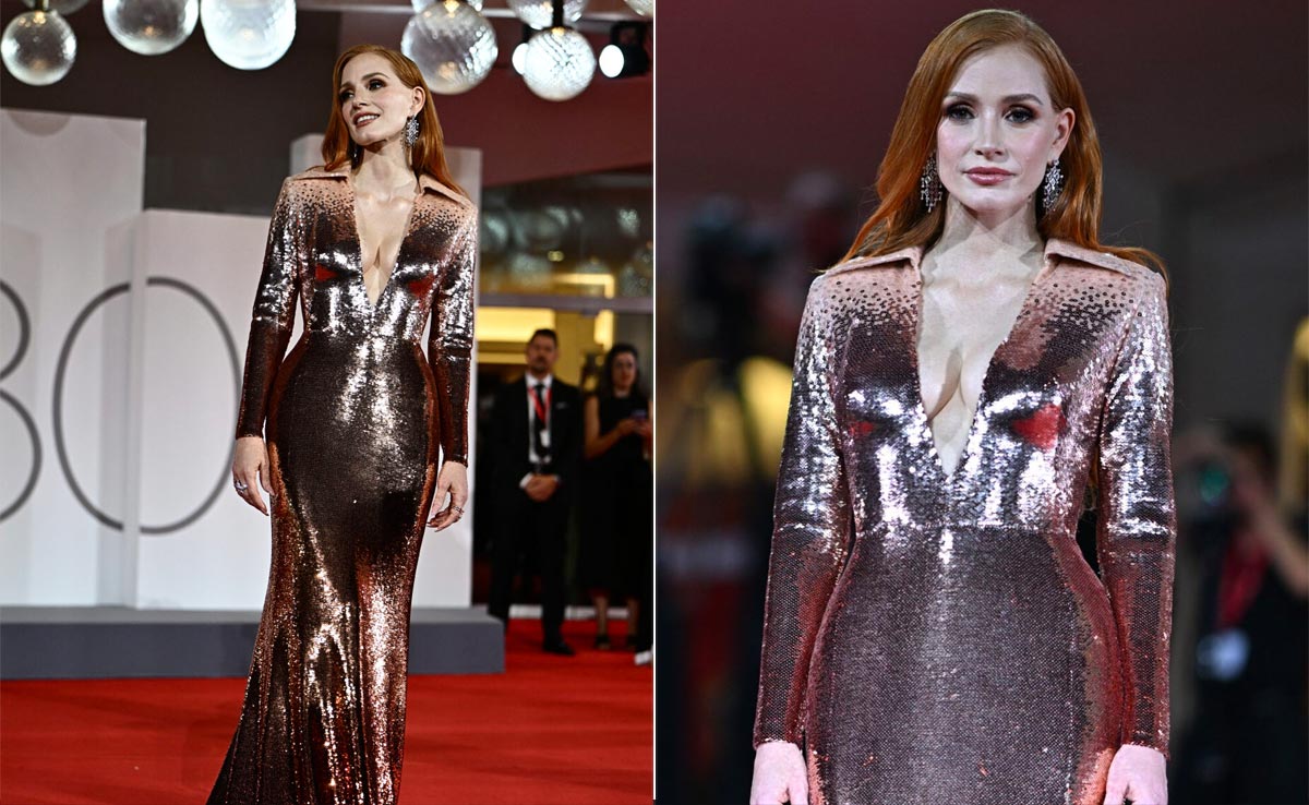 Jessica Chastain's Sequin Gucci Gown Turned The Venice Red Carpet From Red To Gold