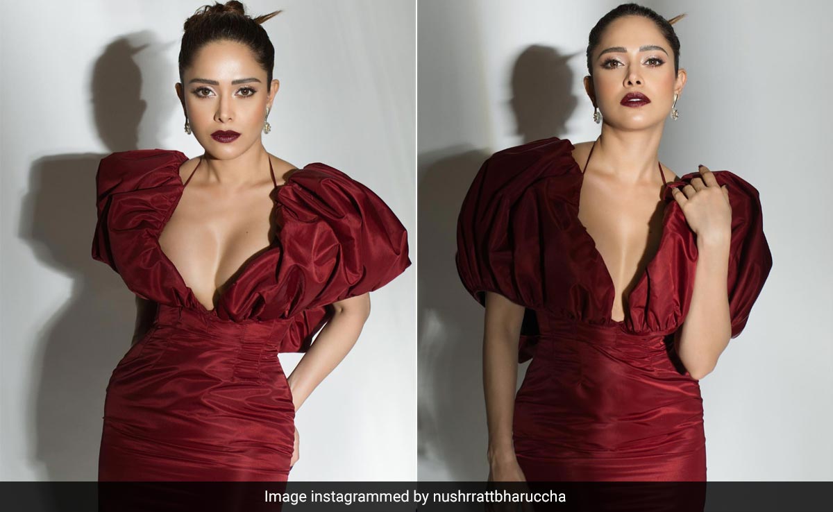 Nushrratt Bharuccha Is Setting Hearts On Fire In A Maroon Plunging Mini Dress