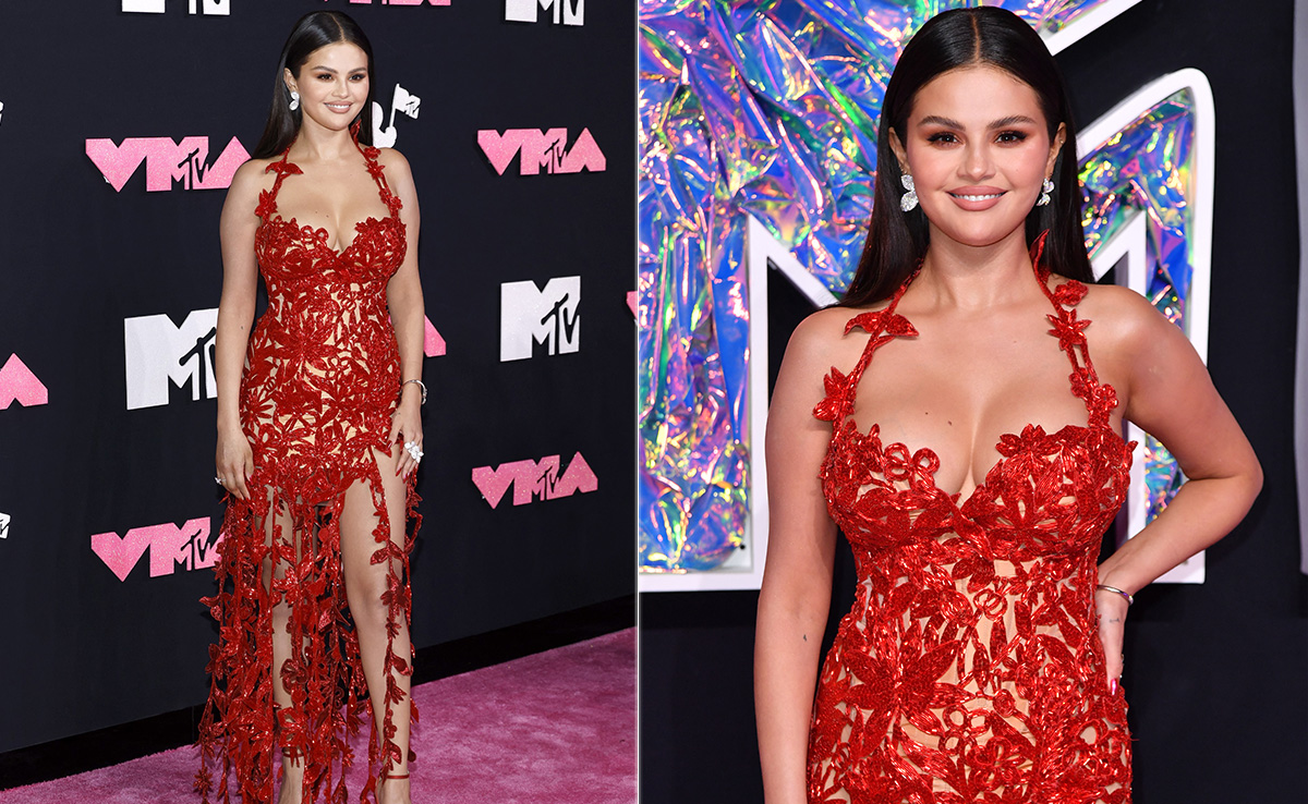 A Rose By Any Other Name Is Selena Gomez In A Red Oscar De La Renta Floral Cutwork Dress