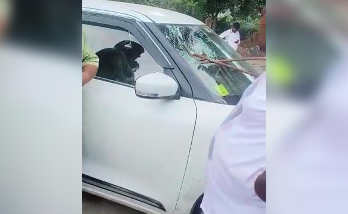 Iron Rod Pierces Car Windshield, Stops Millimetres Away From Driver