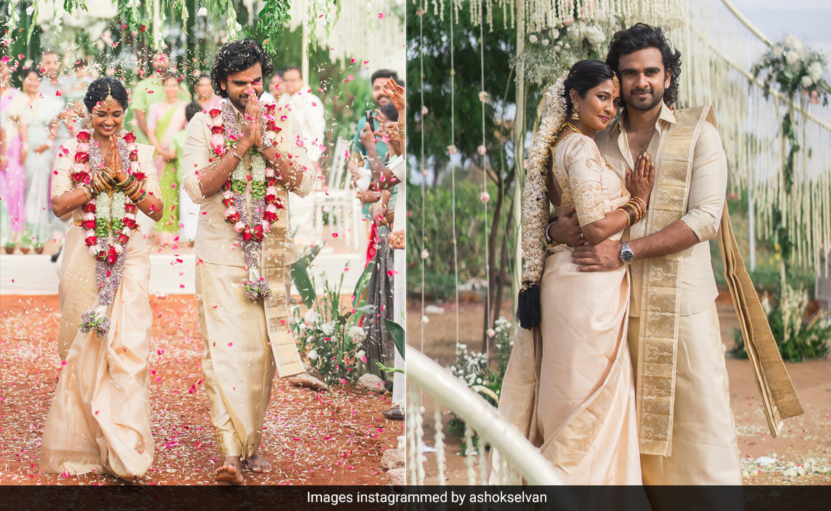 Keerthi Pandian and Ashok Selvan Elegantly Marry In A Matching Ivory <i>Saree</i> And Ethnic Mundu