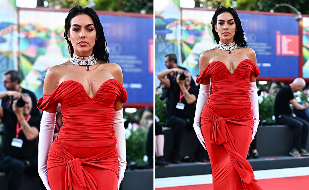 Georgina Is Ravishing In Rouge, Wearing An Off-shoulder Vetements Gown On The Red Carpet