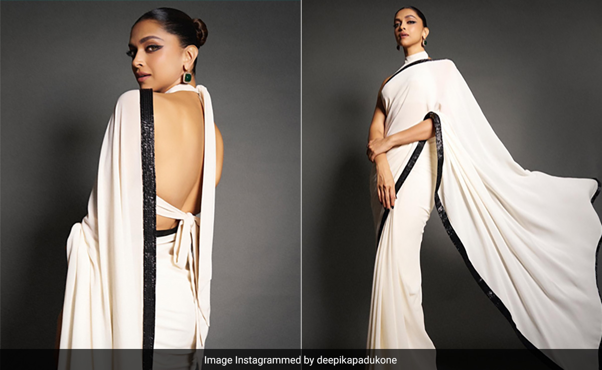 Deepika Padukone Backless In A White And Black Saree For <i>Jawan</i> Press  Conference Is Art Minimalism On Display