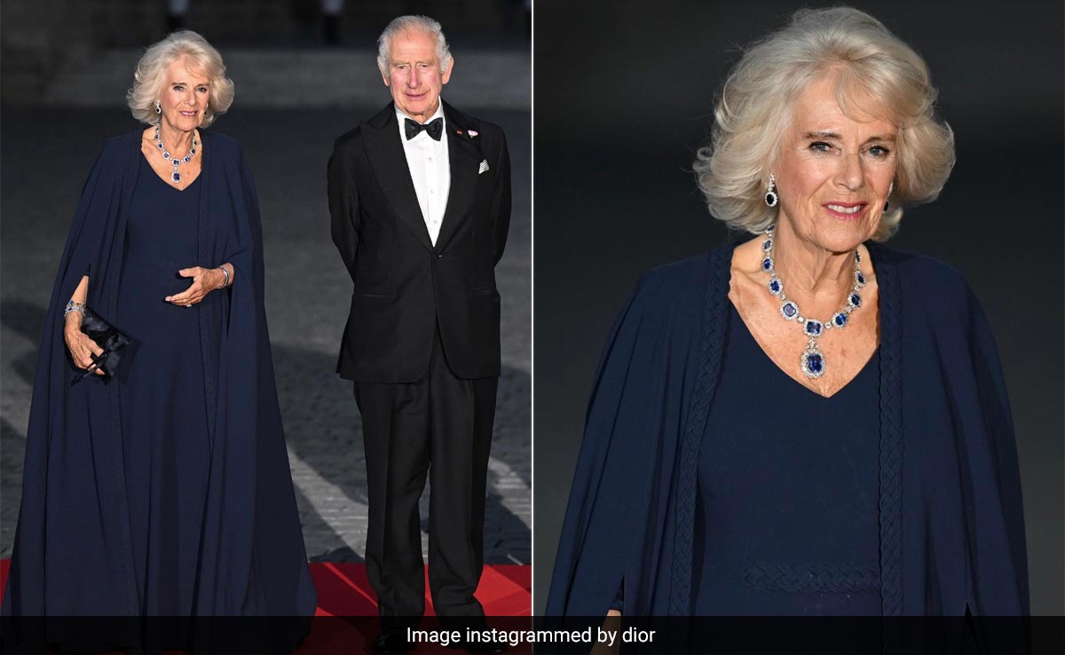 Queen Camilla Was A Picture Of Majestic Grace In An Exquisite Midnight Blue Dior Gown At Versailles Palace