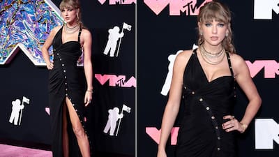 MTV VMAs 2023: In A Ravishing Versace Dress With A Thigh-High Slit, It's Taylor Swift's Version Of A Little Black Dress MTV VMAs 2023: In A Ravishing Versace Dress With A Thigh-High Slit, It's Taylor Swift's Version Of A Little Black Dress