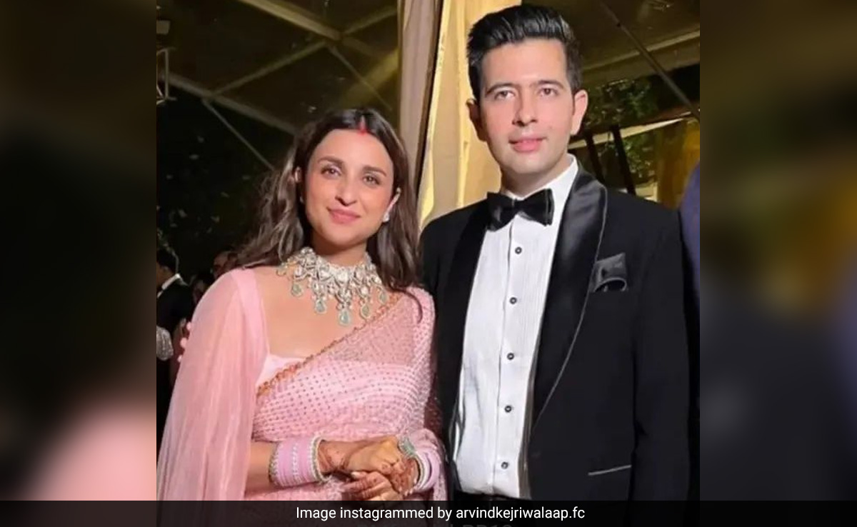 First Look: A Pastel <i>Saree</i> And Bow Tie Welcome By The Newlyweds Parineeti Chopra And Raghav Chadha