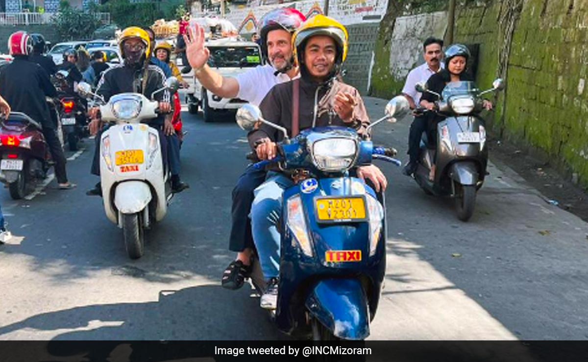 Watch: Rahul Gandhi Rides Pillion On Scooter In Mizoram's Aizawl