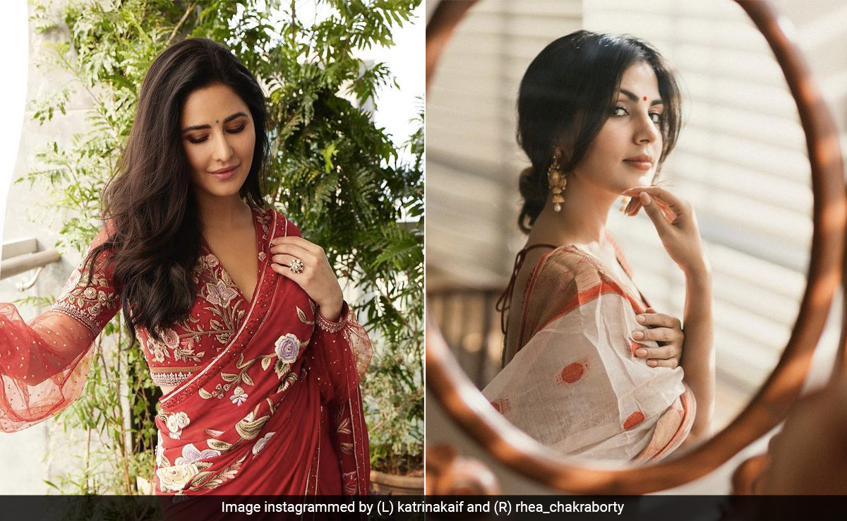 From Katrina Kaif's Floral Number To Rhea Chakraborty's 100-Year-Old <i>Saree</i>, Red And Gold Is This Dussehra's Fashion Favourite