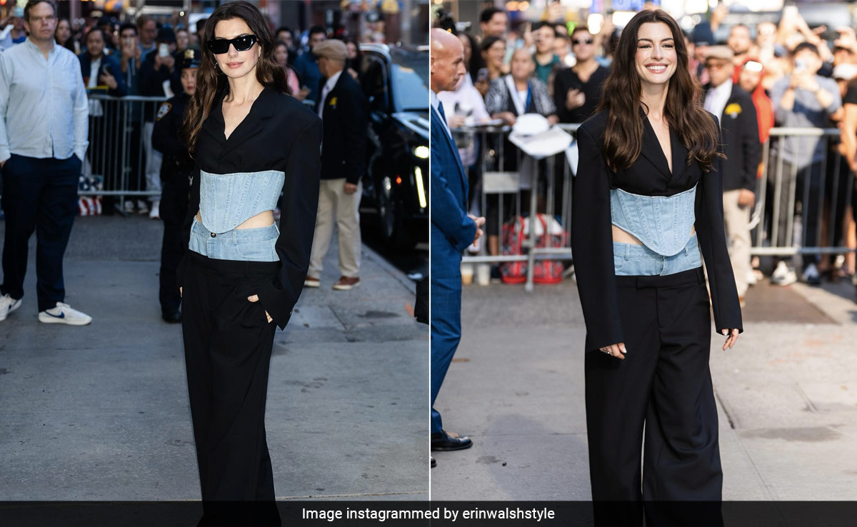 Anne Hathaway Redefines Business Casual In A Rs 2.7 Lakh Half-Denim Half-Pantsuit Look