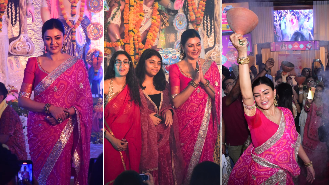 Sushmita Sen's <i>Barbie</i> Pink <i>Bandhani Saree</i> And <i>Dhunuchi</i> Dance Moves Stole The Show At This <i>Saptami</i> Celebration