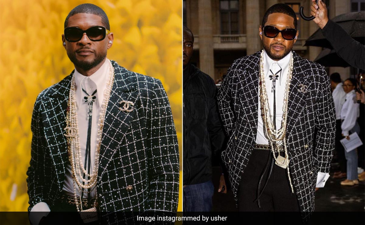 Usher's Tweed Jacket With Pearl Necklaces And A Mini Chanel Bag Pendant Has Got All Of Our Attention