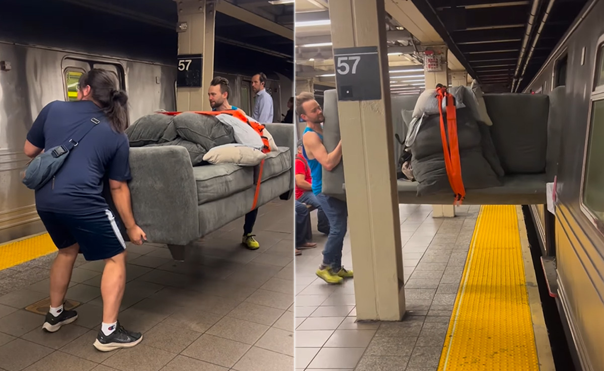 नहीं मिली सीट तो सोफा लेकर मेट्रो में घुस गए दो लोग, देखकर पब्लिक के पकड़ लिया माथा