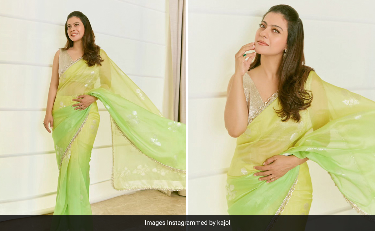 Kajol's Ombre Lime <i>Saree</i> Gives Her Durga Ashtami Festivities A Touch Of The Summer Sun