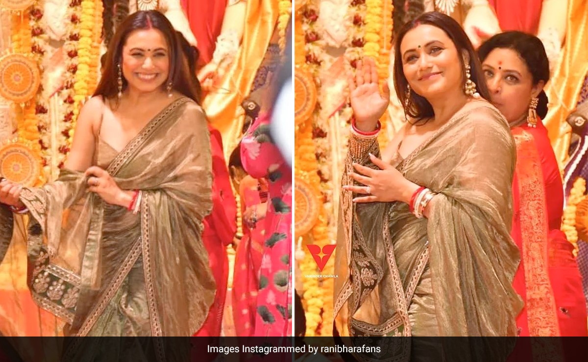 Rani Mukerji Is A Vision To Behold In A Shimmering Gold <i>Saree</i> For <i>Durga Puja</i> 2023