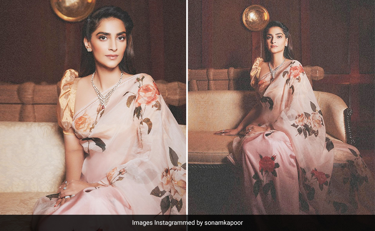 Sonam Kapoor Gives Florals A Retro Spin In A Raw Mango <i>Saree</i> With A Puff Sleeve Blouse