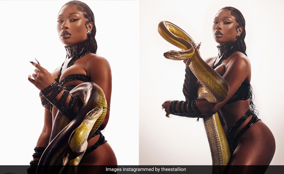 Megan Thee Stallion Slithers Into The Fashion Scene In A Black Sequinned Swim Set