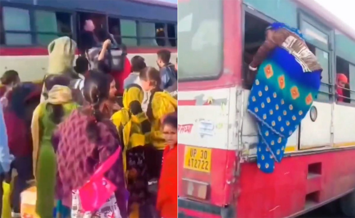 नहीं मिली चढ़ने की जगह तो खिड़की से बस में घुस गई 'बहुरानी', लोग बोले- वाह क्या नजारा है